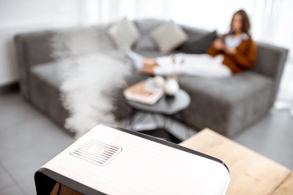 A woman sitting on a couch with a humidifier in the foreground.