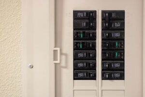 An electrical panel and circuit breakers.